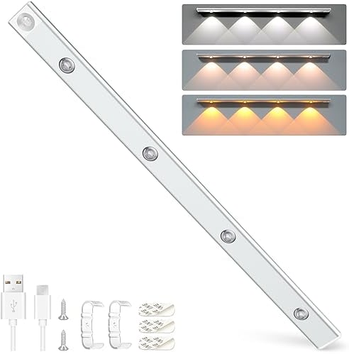Alyvisun Lampe LED 60CM Rechargeable Armoire avec Détecteur de Mouvement – Installation Magnétique, Sans Fil Interieur Luminaires avec 3 Couleurs & Luminosité Réglable pour Cuisine Placard Escalier