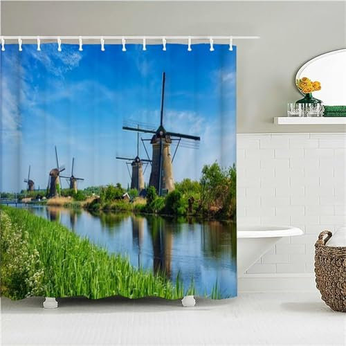 Aalaya Duschvorhang 180x200 cm Windmühle, aus Stoff Polyester Waschbar Anti Schimmel Niederlande Shower Curtains, Duschvorhänge Curtains mit 12 Haken