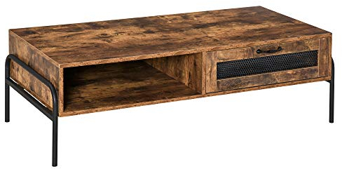 HOMCOM Table Basse Rectangulaire Style Industriel Niche Tiroir Coulissant Métal Aggloméré Noir Aspect Grain de Bois Antique