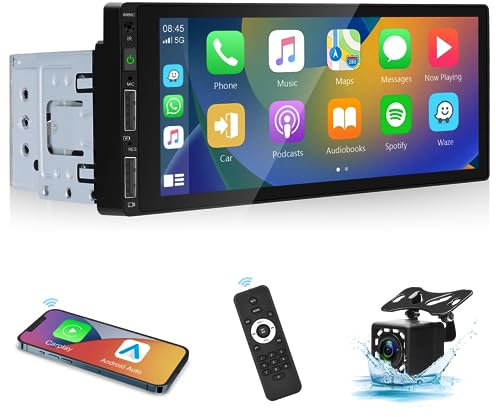 Hodozzy sans Fil carplay Autoradio 1 din Android Auto avec Écran de 6.86 Pouces, Poste Radio Voiture Bluetooth écran Tactile avec Lien Miroir/FM/USB/AUX/TF/Microphone + 12 LED Caméra de recu