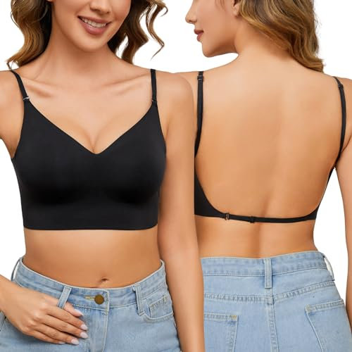 PASUDA BH mit Niedrigem Rücken für Frauen Nahtloser Rückenfreier Damen Ohne Bügel V-Ausschnitt Unsichtbarer Bralette Komfort Weicher Bügelloser Unterwäsche Abnehmbar Träger (Schwarz, L)