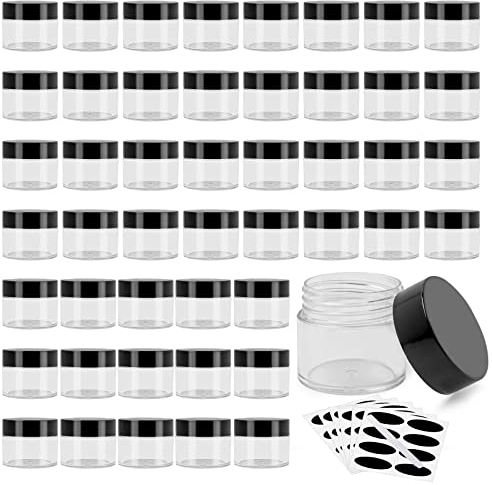 48 Pack Plastic Jars with Black Lids, 120ml/4oz Small Plastic Storage Jars Bulk,Mini Round Clear Plastic Jars with Labels, Wide Mouth plastic Container Jars for DIY Cosmetic Cream Lotion Body Scrub