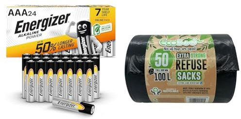 Energizer AAA Batteries, Alkaline Power, 24 Pack, Triple A Battery Pack - Amazon Exclusive (Packaging may vary) & EcoBag ECO50RB 50HEAVY DUTY SUPER STRONG REFUSE SACKS 100Litre, Black