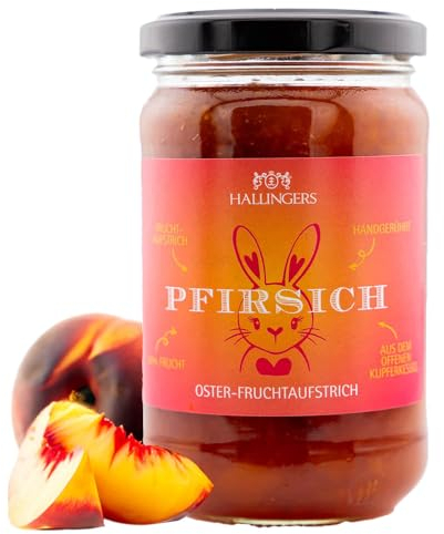 Hallingers Oster Fruchtaufstrich Pfirsich - Ostergeschenke für Osterkörbchen zu Ostern, Handgerührter Fruchtaufstrich fürs Osterfrühstück (Glas) - Geschenkideen Weihnachten & Geschenke Adventskalender