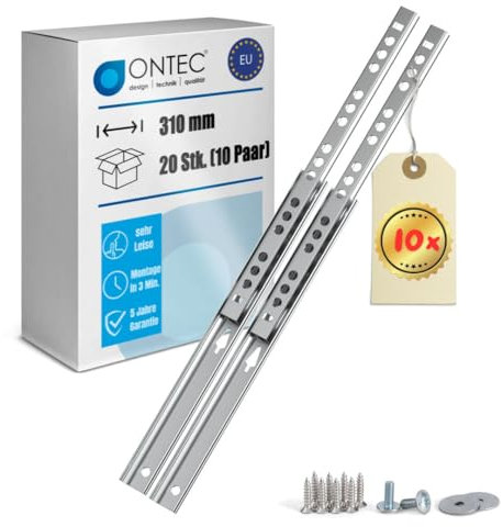 ONTEC Schubladenschienen 310mm 10er SET - 17mm Nut Schubladenauszug inkl. Schrauben Extra Stabil Schubladen Schienensystem 12kg Traglast Auszugschienen - Schubladenführungen - Leichte Montage