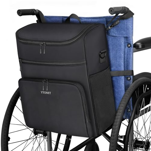Ytonet Wheelchair Bag, Wheelchair Storage Bag to Hang on Back Walker Accessories Insulated Pockets Removable Shoulder Strap 3 Ways Carry Easy Install, 16 L x8.5 W x 17 H Black