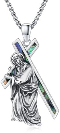 ZIPPICE Jesus Kreuz Halskette 925 Sterling Silber Crucifix Anhänger Jesus Kreuz Kette Amulett Halskette Schmuck Geschenk für Damen Herren with 2.5mm 22+2 Edelstahl Kette (Abalone Muschel)