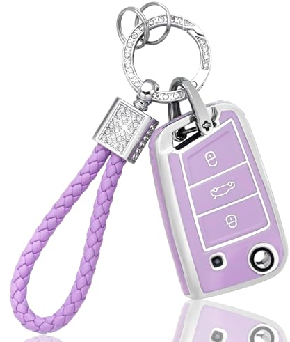 BLINGOOSE Schlüsselhülle für VW Lila 3 Tasten Autoschlüssel Cover Schlüsselgehäuse Glitzer Schlüsselanhänger für Volkswagen Golf 7 MK7 Polo Tiguan Touran T ROC Cross Taigo Schlüsselschutz TPU Girly