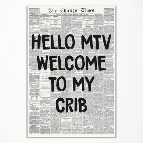 mifyuibytr Hi MTV, Welcome To My Crib Zeitung, Leinwand-Kunst, Vintage-Schwarz-Weiß-Nachrichtenposter, trendiges 70er-Jahre-Zimmer-Poster, ästhetisches Poster für Wand, Typografie-Druckkunst für