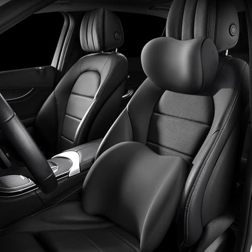 WHLXQ Ergonomische Kopfstütze und Lendenkissen für Autositze für Mercedes-Benz Glk GLC-SUV, Kissen Memory-Schaum, Kann Rückenschmerzen lindern,A/Black-Headrest and Lumbar Cushion