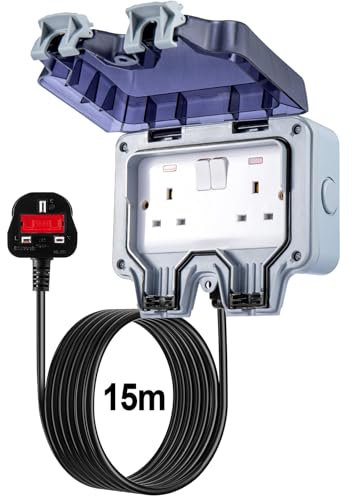 Trintion 2 Gang IP66 Outdoor Socket 13Amp with Extension Lead Switched Sockets Garden Power Socket External Mains Outlets Wall Plug Socket Box (15M)