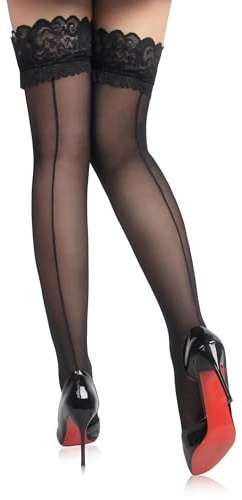 ohyeahlady Bas Nylon Couture Autofixant pour Porte-jarretelle Grande Taille | Bas Nylon,20 Den,Silicone AntidéRapante, Haute éLasticité,Bas Dentelle,Pour Porte Jarretelle,XS-5XL,40-120kg,Emballage Boîte