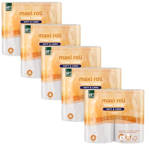 by Amazon Papier toilette (MAXI rouleau), 2 voiles, matelassé, doux et délicat, 20 rouleaux (5 paquets de 4), 500 déchirures par rouleau, certifié FSC