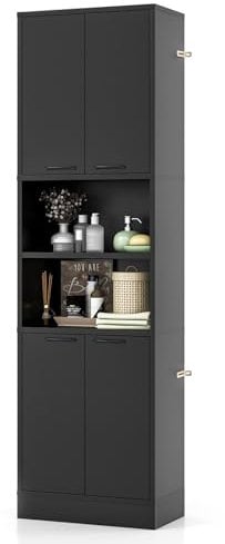 LIFEZEAL Badezimmerschrank 190 cm hoch, Platzsparender Hochschrank, Mehrzweckschrank Küchenschrank mit 2 offenen Regalen & 4 Türen, Schrank für Bad, Küche, Wohnzimmer (Schwarz)
