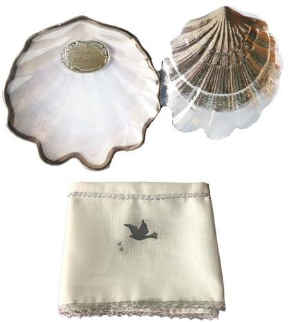 DOCOLASTRA Concha Bautismal y Pañuelo de Bautizo Incluido, Filo y Trasera Plateados o Dorados, Personalizable en Varias Tipologías de Letra (Filo y Trasera Plateada)