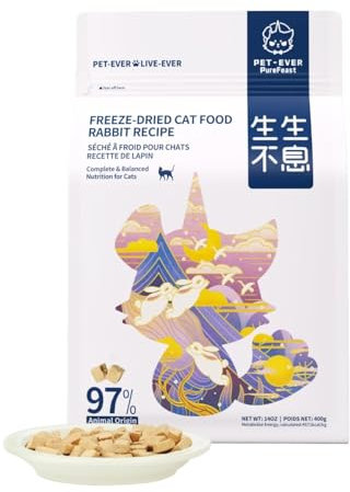 PET-EVER PureFeast gefriergetrocknetes Katzenfutter, 97% tierischen Ursprungs, weiches trockenes rohes Katzenfutter, Katzenleckerli und Toppings (400g, Kaninchen)