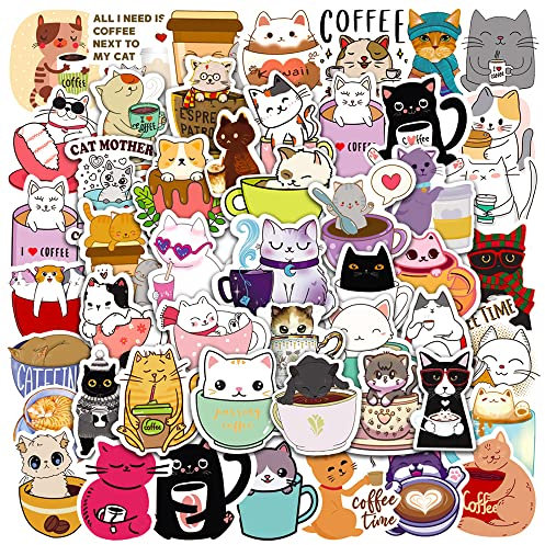 DIWSO 50 Piezas Café Gato Pegatinas para Botella de Agua, Libro de Recortes, Lechería, Portátil, Monopatín, Bicicleta, Ordenador, Adolescente, Niño, Niña, Niños, Fiesta de Cumpleaños Pegatinas