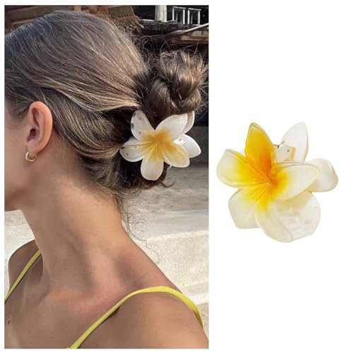 Enautoabs Pinza para el pelo de flor grande, pinza para el pelo de Plumeria hawaiana, pinza para el pelo, pasador para el pelo tropical, lindo acrílico, pinza para la mandíbula(amarillo y blanco)
