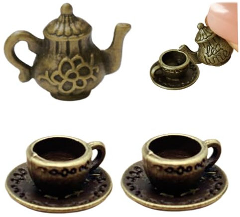Juego de té en Miniatura 1/12 Escala Realista Mini de té Realista con teteras y Tazas de , Tazas de aleación pequeñas y Simples para Accesorios de Cocina muñeca Miniatura