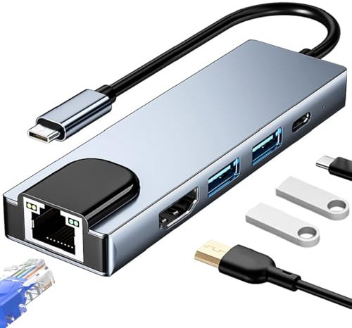 Huybaa 5 en 1 Hub USB C con Ethernet, Adaptador USB C a RJ45, 4 Puertos USB 3.0 Hub Multipuerto - Compatible con MacBook, iPad y Laptops