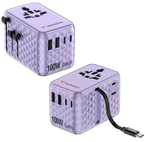 Verbatim GaN Reiseadapter 100W Lila mit 2X USB-C USB-A USA/JP Anschluss | Steckdosenadapter mit integriertem Kabel, Universal Schnellladegerät für MacBook,Laptop, iPhone 17, weltweit einsetzbar