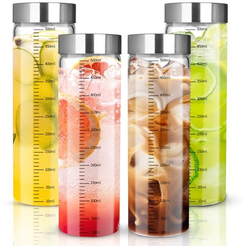 BUCOMTU 4er-Pack 500 ml Glasflaschen mit Messbecher,Smoothie Gläser mit Edelstahl Deckel, wiederverwendbare smoothie becher, Glaswasserflaschen geeignet für Smoothies, Säfte, Milch, Kaffee