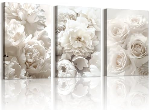 WENGTIAO 3 Stück Weiße Blumen Leinwand Bilder Kunstdrucke Gerahmt | Blühenden Weiße Rosen Pfingstrosen Geblümt Gemälde, Wandbilder für Modern Wanddeko Wohnzimmer Schlafzimmer 40x60cmx3