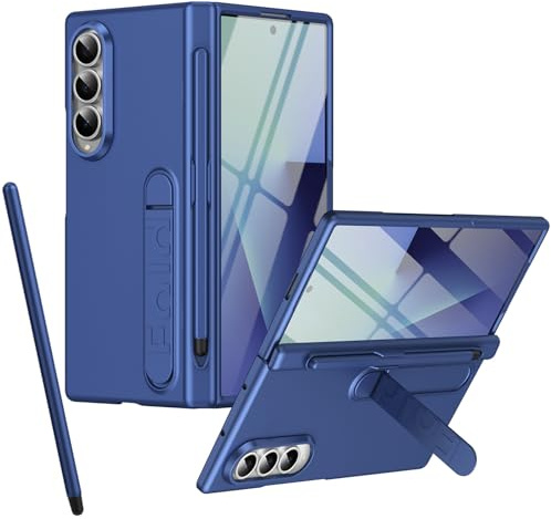 Funda para Galaxy Z Fold 4 con Soporte, Protector de Pantalla Frontal, Ranura para S Pen, protección de bisagra, Cubierta Completa para Samsung Galaxy Z Fold4 con lápiz óptico-Azul Oscuro