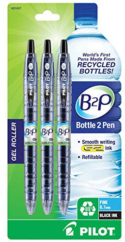 PILOT Bottle-2-Pen (B2P) Retractable Premium Gel Roller Pens Made from Recycled Bottles (3 Count) Fine Point, Black G2 Gel Ink, Refillable, Comfortable Grip (31607)