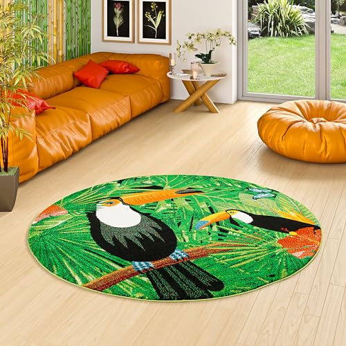 Pergamon Designer Teppich Faro Tropical Tukan Grün Rund in 3 Größen