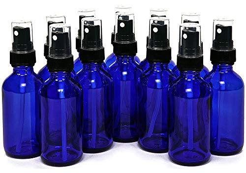 TEEROVA 12-Count 2 oz Glass Spray Bottles with Black Fine Mist Sprayers for Essential Oils, Perfumes, Cleaners (Cobalt Blue)