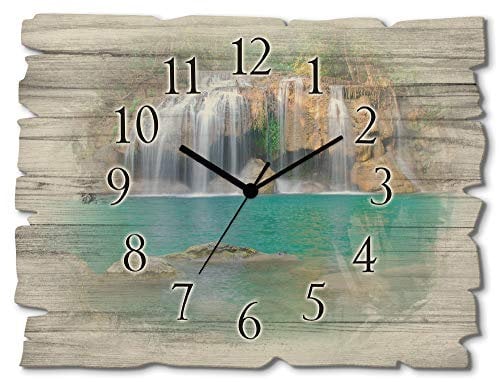 ARTLAND Wanddeko Wanduhr ohne Tickgeräusche aus Holz Quarzuhr 40x30 cm Rechteckig Lautlos Wasserfall Landschaft Wald Natur Thailand Fluss S6CI