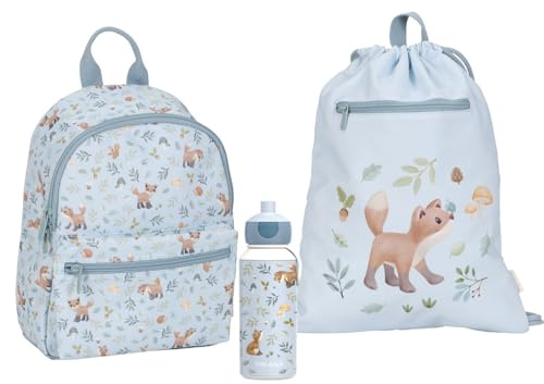 Little Dutch Set Rucksack, Turnbeutel & Trinkflasche Pop-up für Kinder blau - Forest Friends