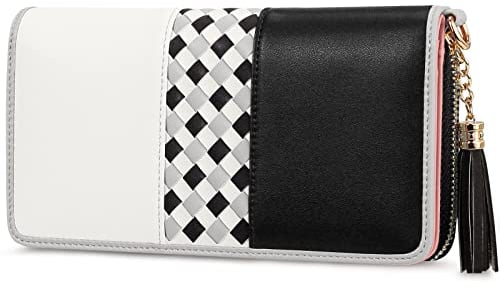 Jocose Moose Damen Geldbörse, große Kapazität Kunstleder Brieftasche, Reißverschluss RFID Geldbörse mit Quaste Anhänger, 12 Kartenfächer und Münzfach