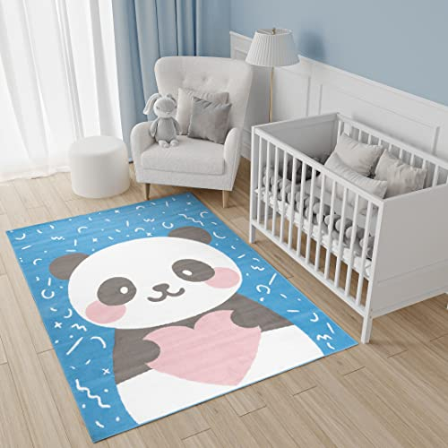 TAPISO Jolly Teppich Kurzflor Kinderzimmer Schlafzimmer Spielmatte Blau Grau Rosa Panda Design 300 x 400 cm