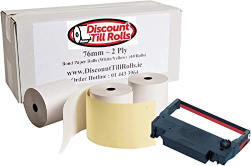 Lot de 40 rouleaux de papier double épaisseur non thermique Blanc/jaune 76 mm