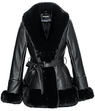 GRAN ORIENTE Faux Leather Jacket for Women with Faux Fur Collar Long Sleeve Fuzzy Parka Overcoat with Warm Trimmed Winter Peplum Coat Belted (GK007 Black XL)