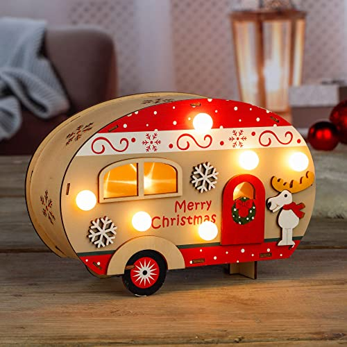 Haushalt International Weihnachts Wohnwagen Merry Christmas aus Holz mit 10 Warm-Weißen LED´s