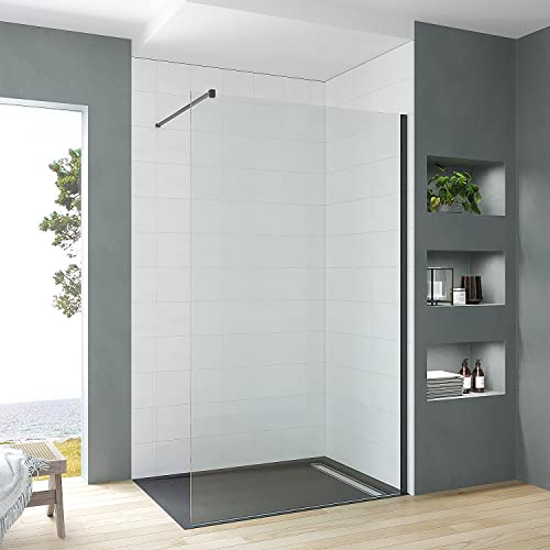 Duschabtrennung schwarz matt Duschwand Glas 80x200 cm Begehbare Dusche Glaswand Glastrennwand Glasduschwand Trennwand für Duschwanne Sicherheitsglas klar 8 mm mit Nanobeschichtung inkl. Stabilisator