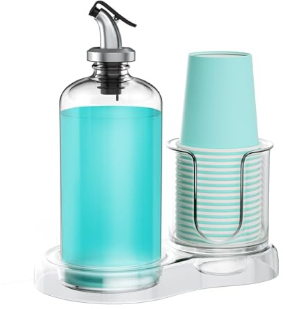 BYAWAY Mundspülspender für Badezimmer mit Getränkehalter, abnehmbarer Glas-Mundwasserbehälter, 473 ml, nachfüllbarer Mundspülspender für Arbeitsplatte mit PC-Ablage, 14 Pappbecher, Ausgießer, Trichter