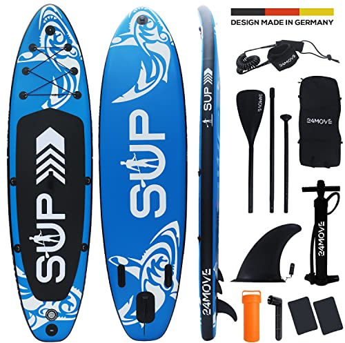 24MOVE® Sup Board Set, Premium Stand Up Paddle Board aufblasbar, Yoga Board, Surfboard Action Cam Ready inkl. Zubehör, Doppelhub Pumpe, Anti-Rutsch, Kinder & Erwachsene, Blau 320x80cm bis 150kg