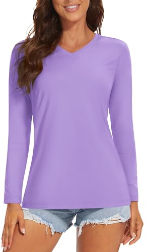 MAGCOMSEN Damen Sportshirt Langarm UV Schutz Shirt Atmungsaktiv Jogging Shirts mit V-Ausschnitt Sonnenschutz Wandershirts Leichte Enfarbig Yoga Shirts Violett L