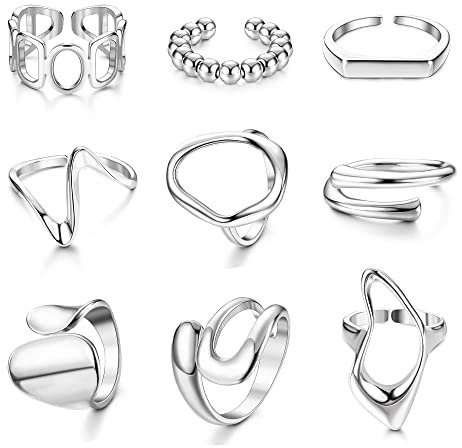JeryWe 9 Stücke Damen Punk Ring Verstellbar Stapelringe Fingerringe Breiter Offene Stapelbare Kuppelring Set Unregelmäßige Geometrische Chunky Ringe Silber