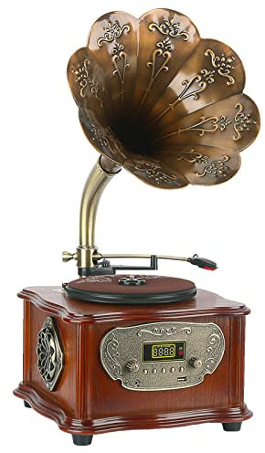oiakus Record Player Retro Turntable All In One Vintage Phonograph Bluetooth Speaker Nostalgic Gramophone for LP with Copper Horn, Built-in Speaker 3.5mm Aux-in/USB/FM Radio