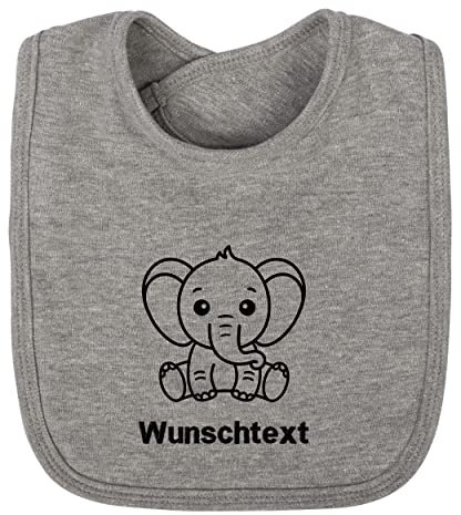 LIQUISIGN Baby Lätzchen mit Name Wunschtext bestickt | Motiv Elefant | Personalisiertes Lätzchen mit Klettverschluss | Spucktuch aus 100% Baumwolle | Graumeliert