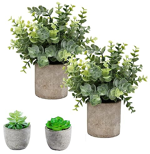 Flojery Kleine künstliche Pflanzen, Eukalyptus, Topfpflanzen, Mini-Topfpflanzen, künstlicher Eukalyptus, Buchsbaum, Rosmarin, Grün in Töpfen, künstliche Topfkräuter, kleine Zimmerpflanzen für