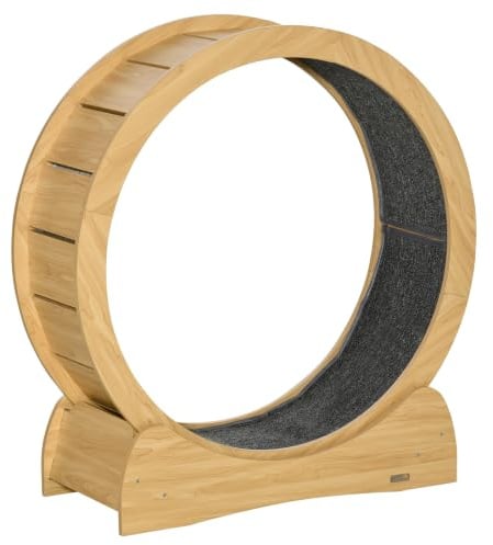 PawHut Cat Treadmill 30 Inch Kitten Wheel with Brake Natural Wood Finish | Cat Exercise Wheel, Carpeted Runway for Exercise