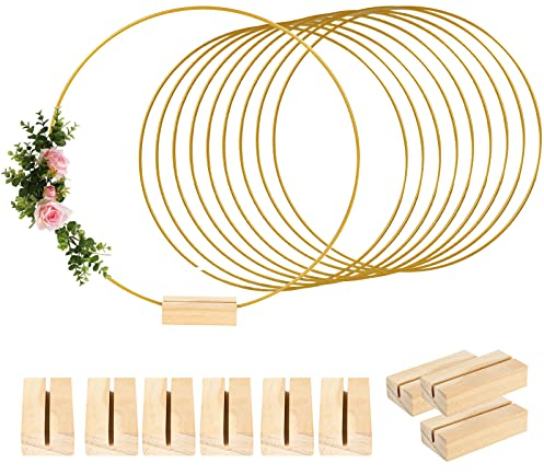 10 Stück Gold Metallring Tafelaufsätze,Metall Girlande Tafelaufsätze mit Holz Kartenhalter,Makramee Ringe für DIY Girlande,Traumfänger,Hochzeitsdekoration,Blumenkranz deko (Runden)