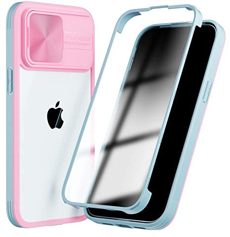 SharkProten Case Design for iPhone 13 Pro Max, 360° Full Body Protection Case with Slide Camera Cover Shockproof Bumper Slim Clear Back Phone Cover, Lightblue + Pink