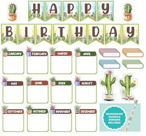 89-teiliges Kaktus-Pinnwand-Set mit Hintergrundpapieren und Bordüren, Happy Birthday Pinnwand-Set für Klassenzimmer, Pinnwand Geburtstagstafel, Klassenzimmer Geburtstag Pinnwand Dekorationen